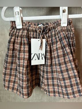 ZARA Plaid Elastic-Waist Shorts - Beige, Brown & Navy